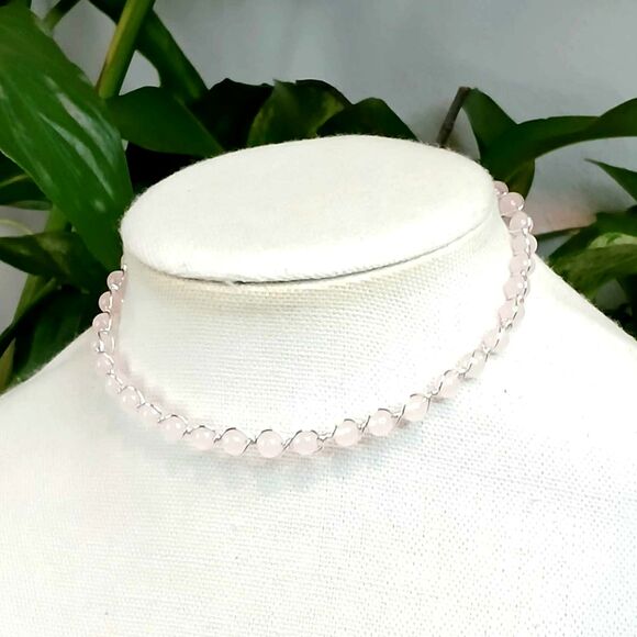 Rose Quartz Gemstone Beaded Choker Necklace, Crystal Choker - Picture 2 of 5